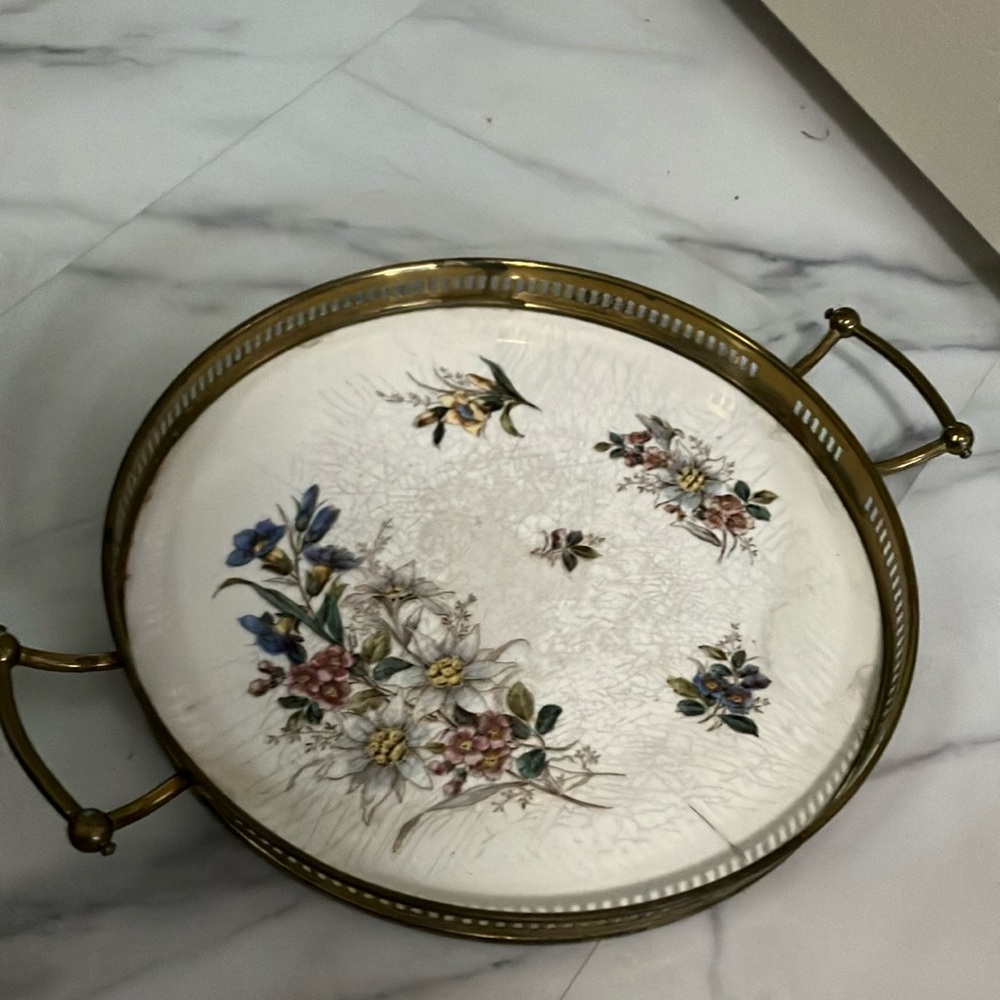 Floral Ceramic Tray with Gold Handles
